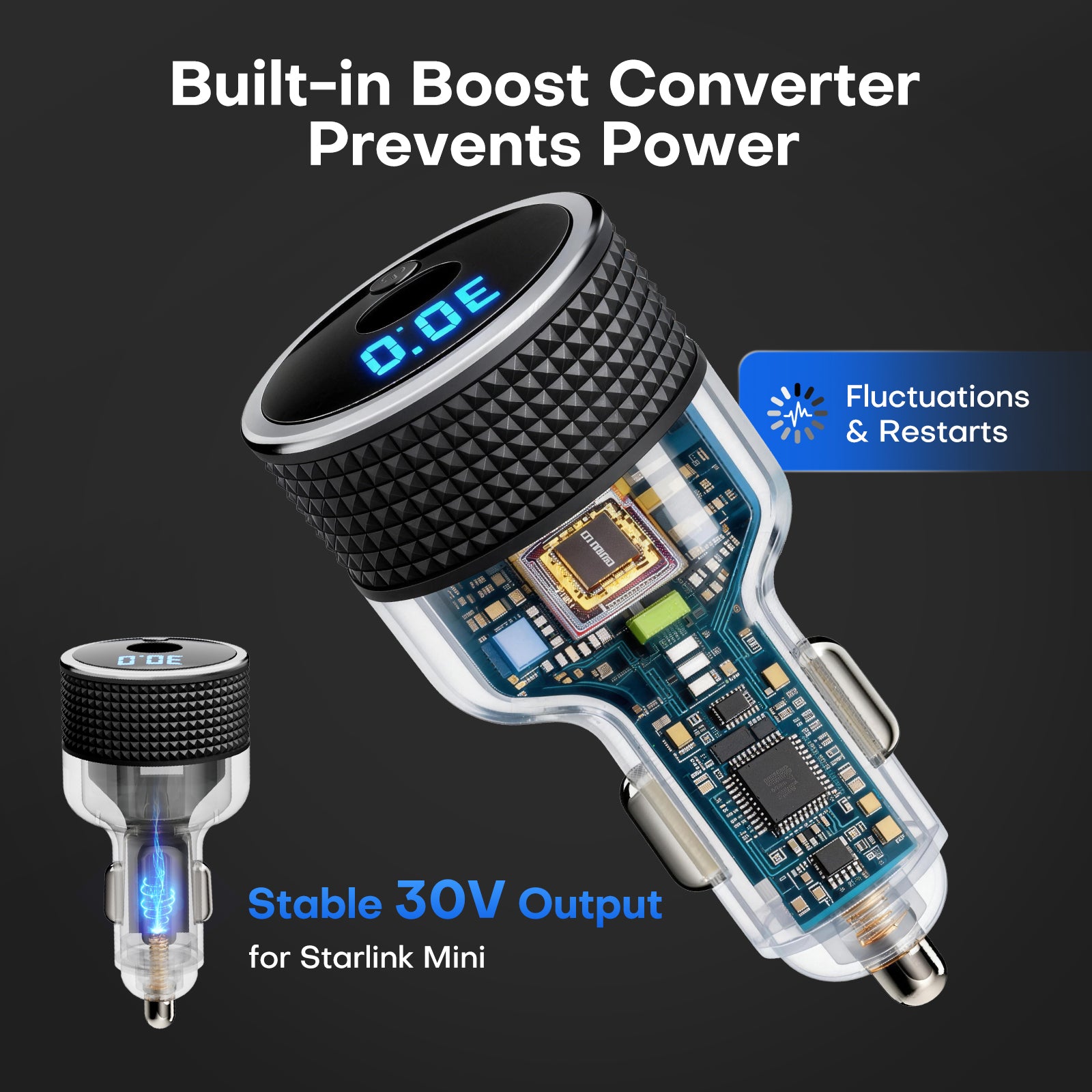 Starlink Mini 30V Car Power Adapter with Digital Voltage Display, DC-DC Boost Converter 12V/24V to Stable 30V, Soft Start On/Off, 60W All-Metal Cigarette Lighter Adapter for RV, Truck, Boat(Grey)