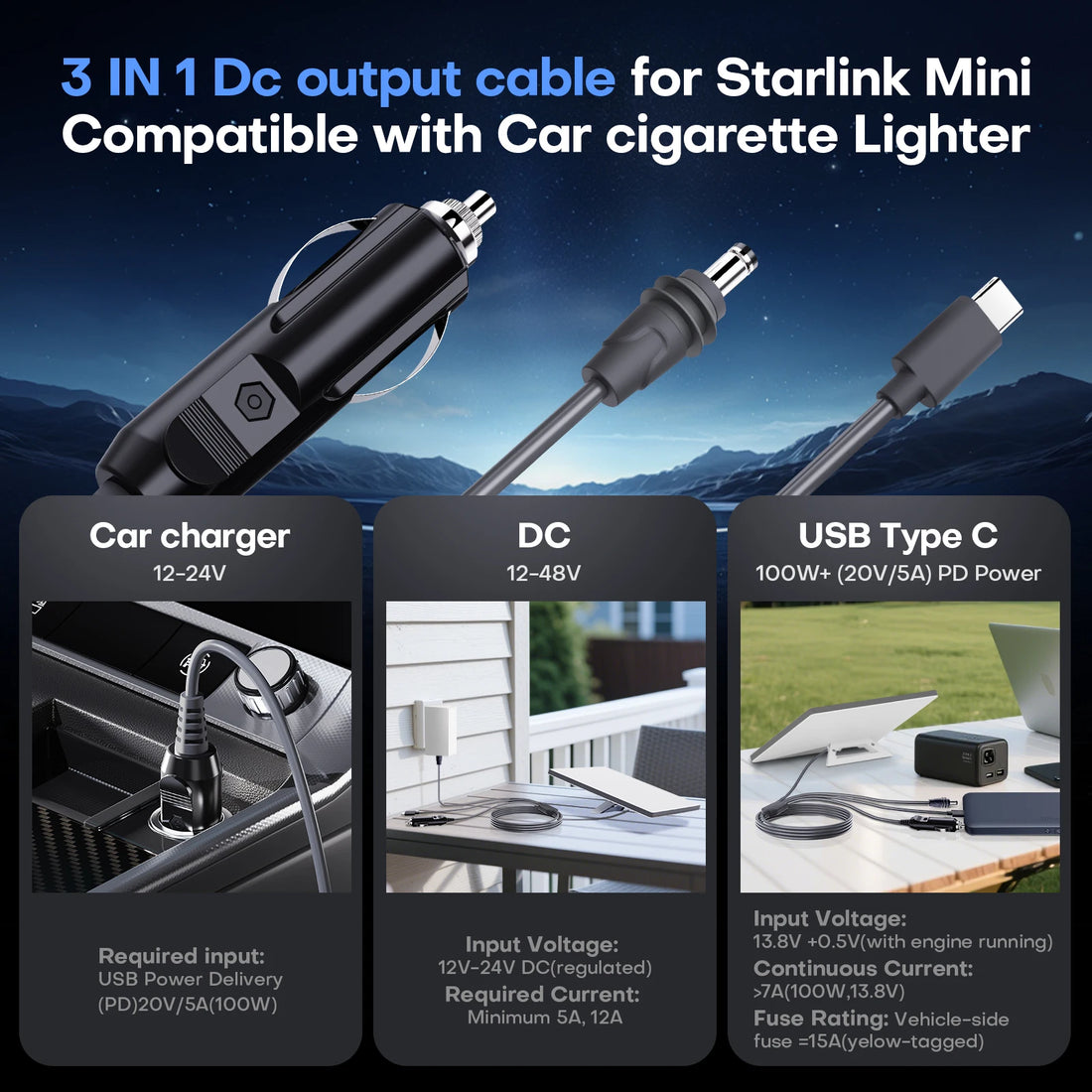 3-in-1 Starlink Mini Cable, High-Speed USB-C/Car Charger/DC-DC Replacement Cable, Compatible With Starlink Mini Power Adapters