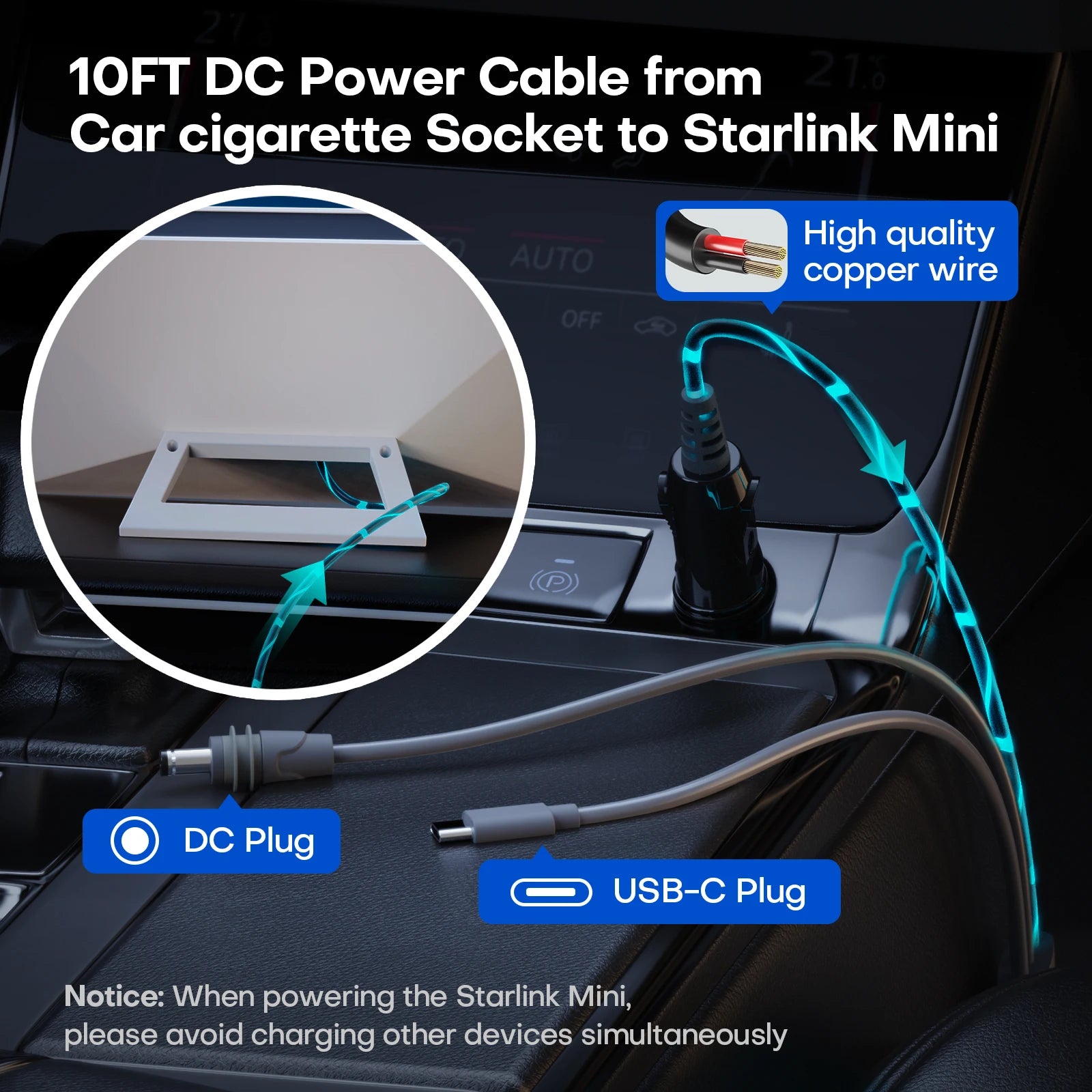 3-in-1 Starlink Mini Cable, High-Speed USB-C/Car Charger/DC-DC Replacement Cable, Compatible With Starlink Mini Power Adapters