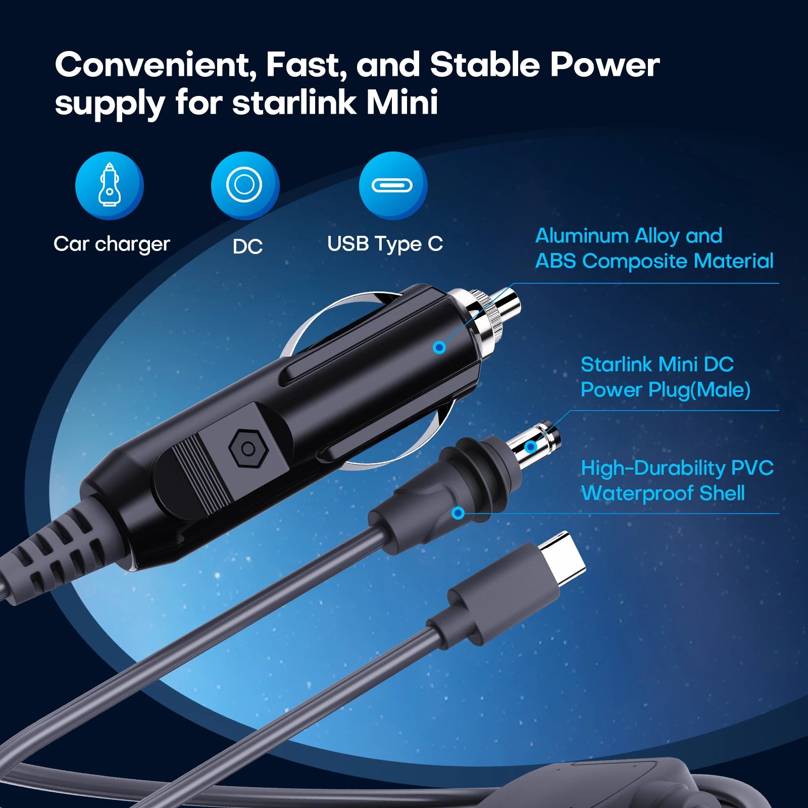 3-in-1 Starlink Mini Cable, High-Speed USB-C/Car Charger/DC-DC Replacement Cable, Compatible With Starlink Mini Power Adapters